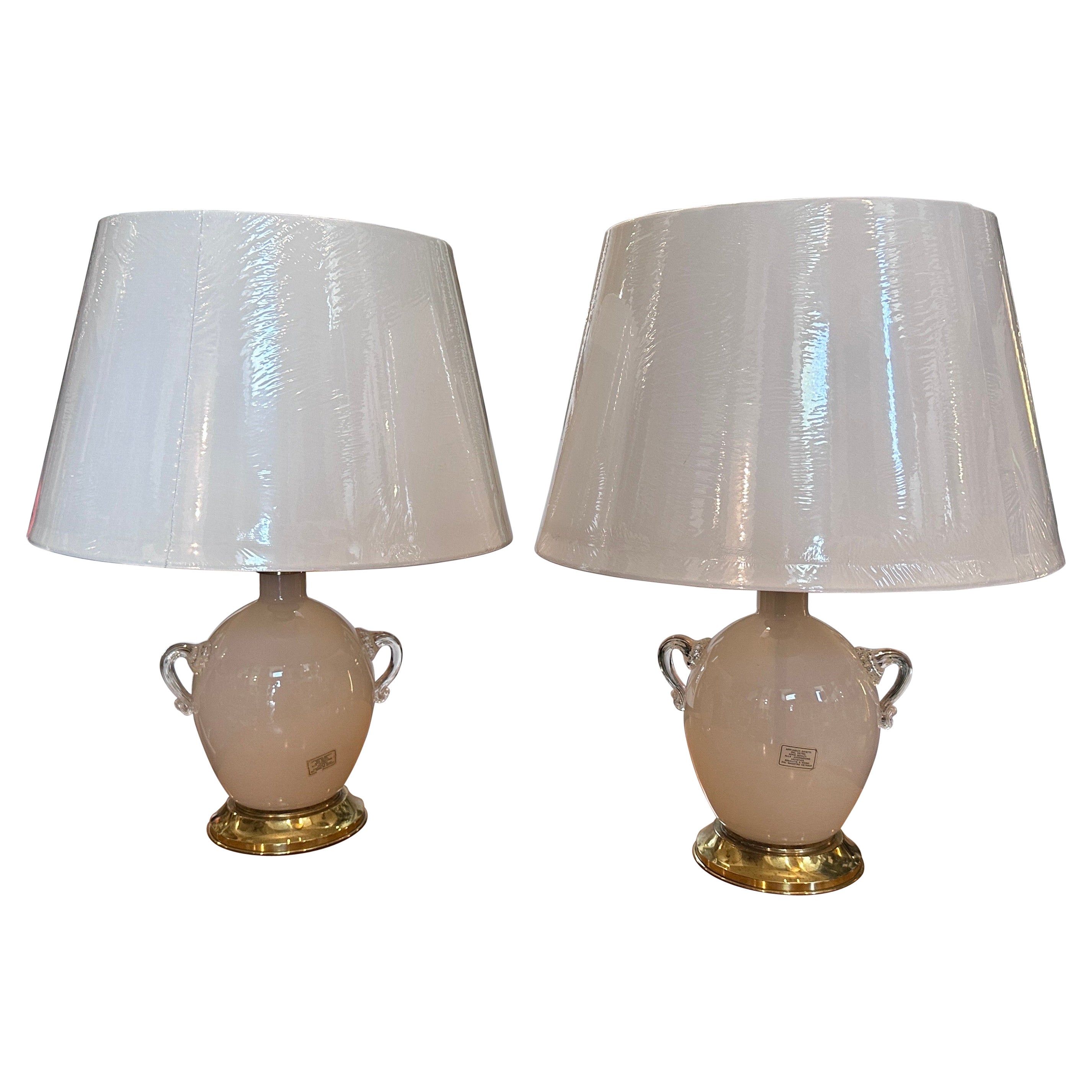 Two 1970s Hollywood Regency Light Pink Murano Glass Table Lamps by Tommaso Barbi For Sale