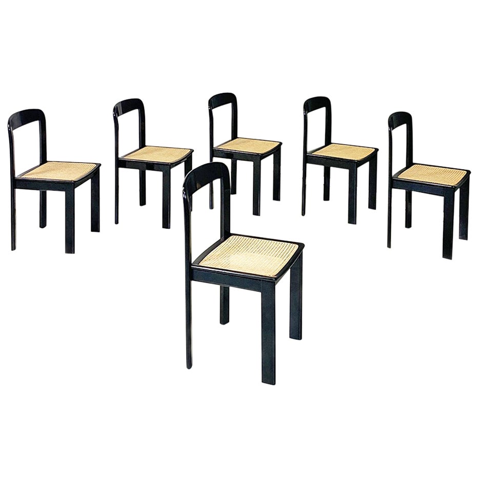 Italian Modern Set of Six Black Lacquered Wood and Vienna Straw Chairs, 1980s For Sale