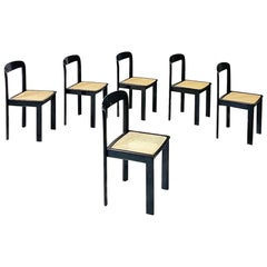 Retro Italian Modern Set of Six Black Lacquered Wood and Vienna Straw Chairs, 1980s
