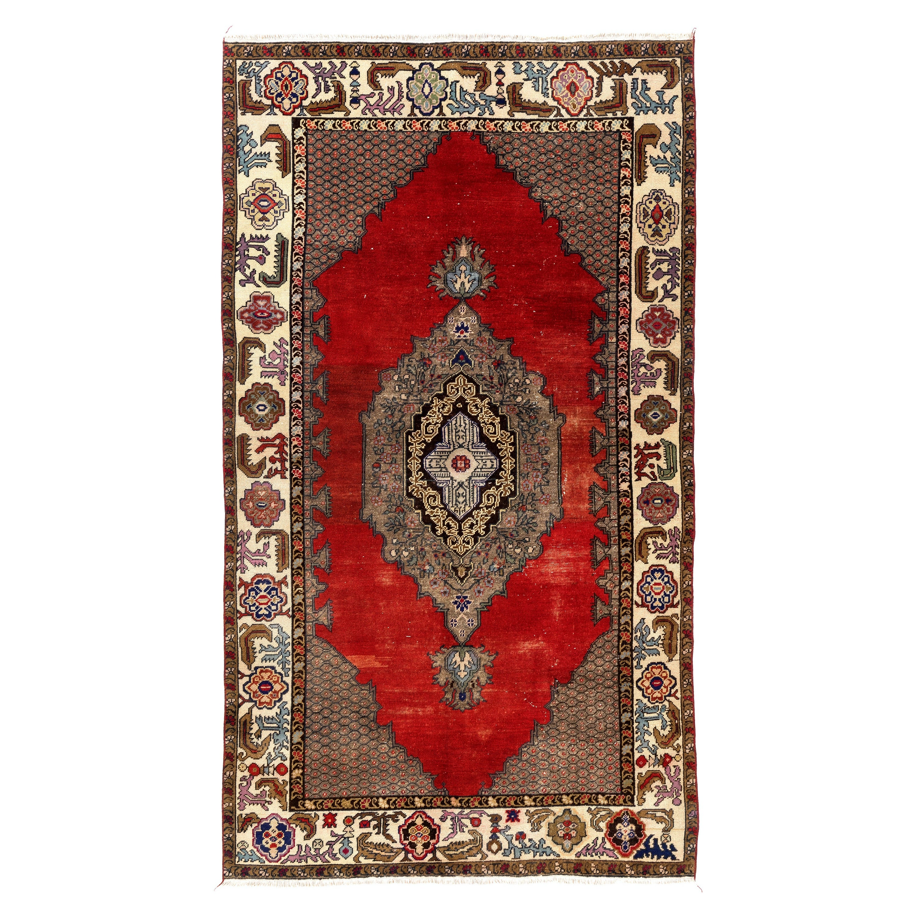 Midcentury Anatolian Village Area Rug, Wool Hand Knotted Carpet in Red For Sale