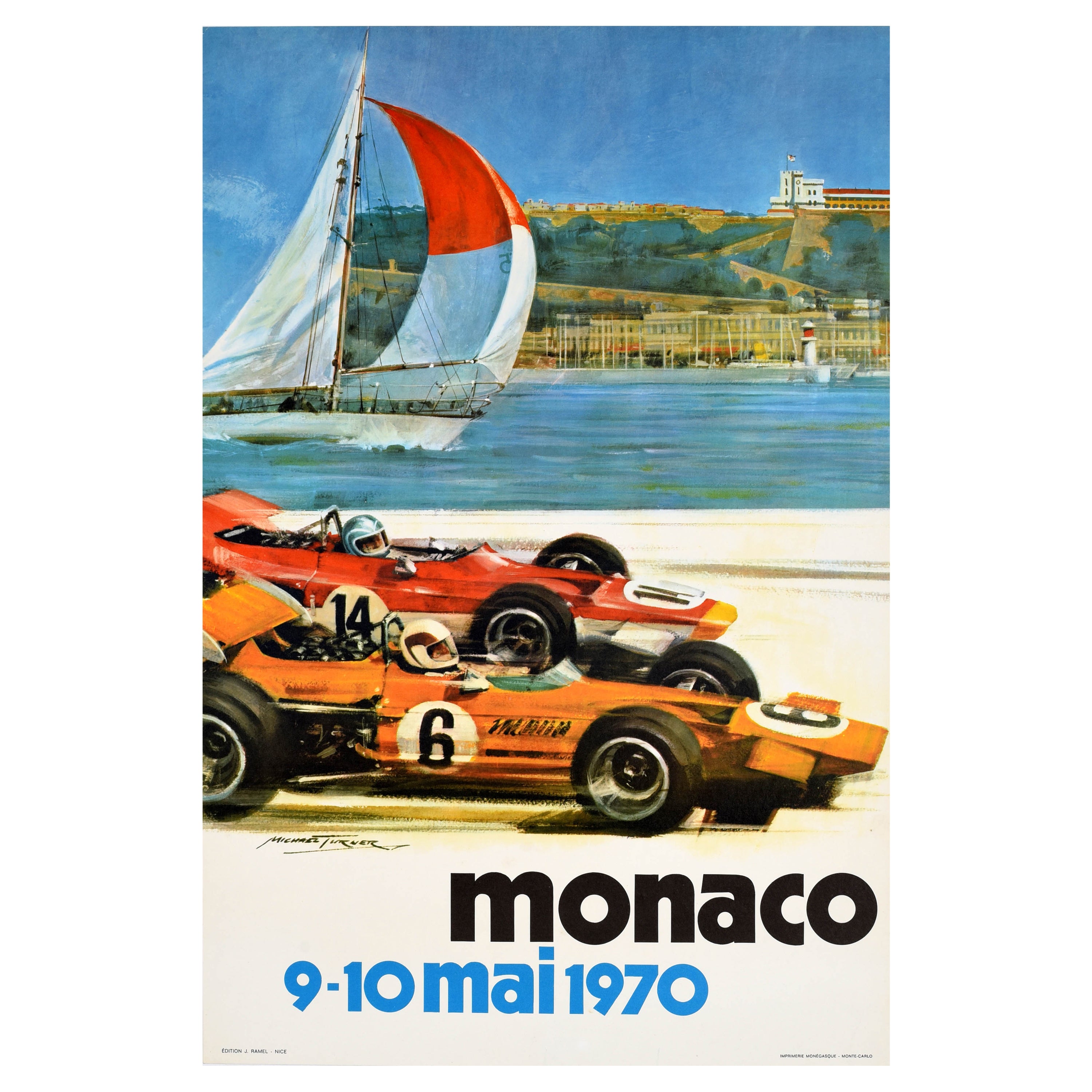 Affiche rétro originale pour le Grand Prix de Monaco de 1970, Voile de course de Formule 1