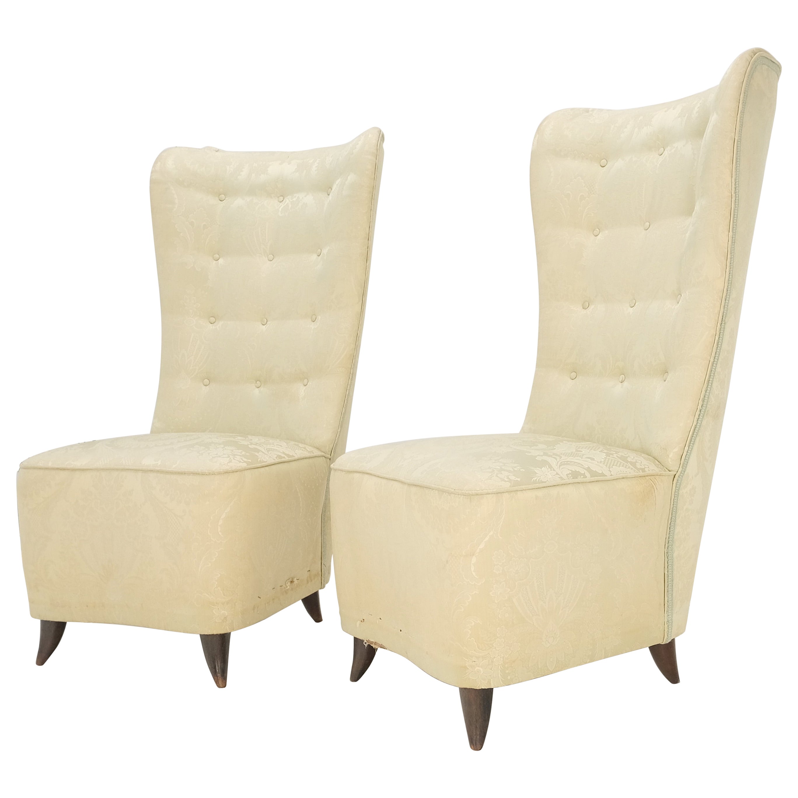 Pair Italian Mid-Century Modern Extra Tall Back Thick Spring Seats Lounge Chairs For Sale