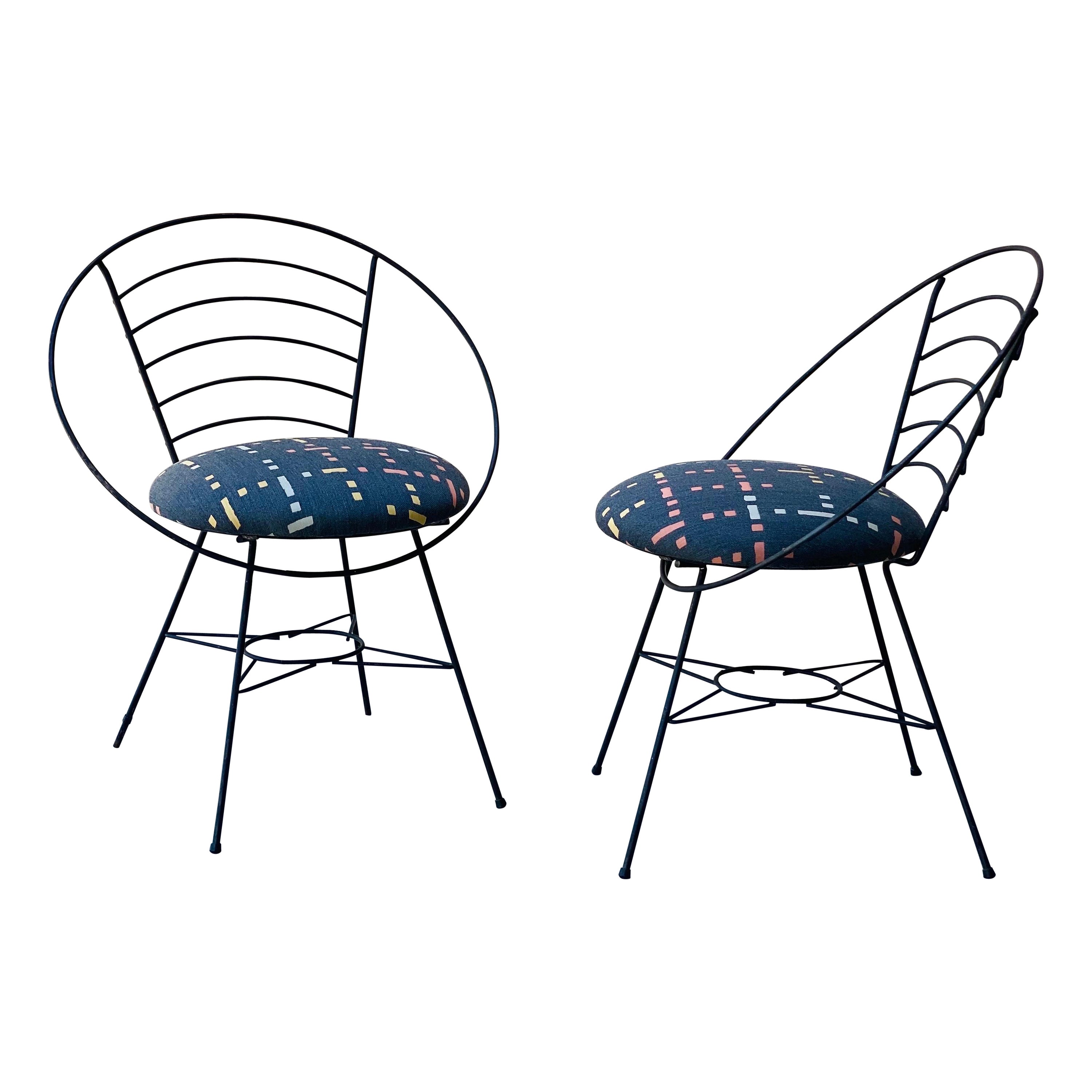 1970s Wrought Black Iron Atomic Hoop Chairs, a Pair