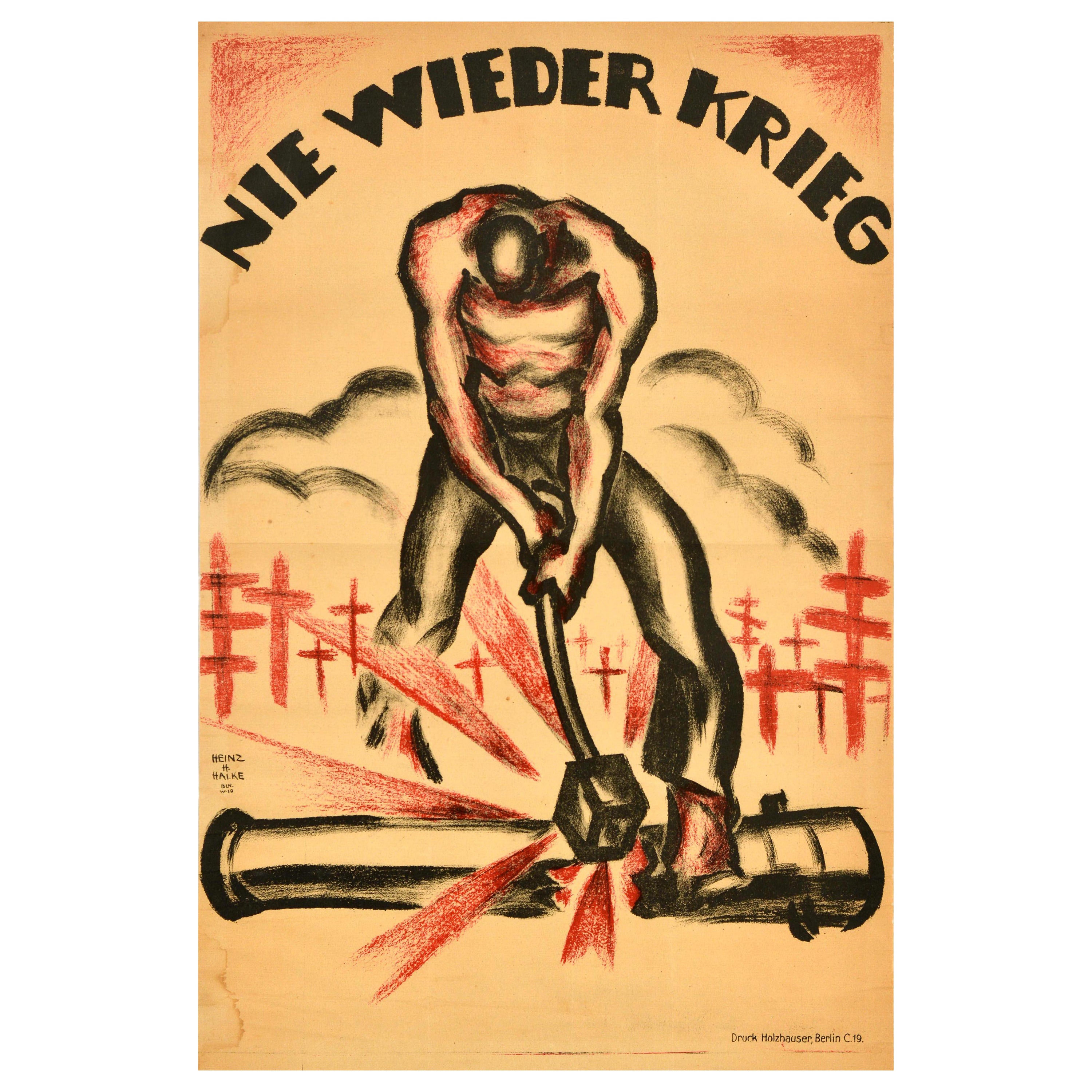 Original Antique WWI Poster Nie Wieder Krieg Never Again War Grave Cannon Strike For Sale