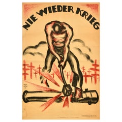 Original Antikes Original-Poster aus dem Ersten Weltkrieg, Nie Wieder Krieg, Never Again, Kriegsgrave, Kanonen