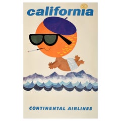 Original Vintage Travel Poster California Continental Airlines Sun Orange Design