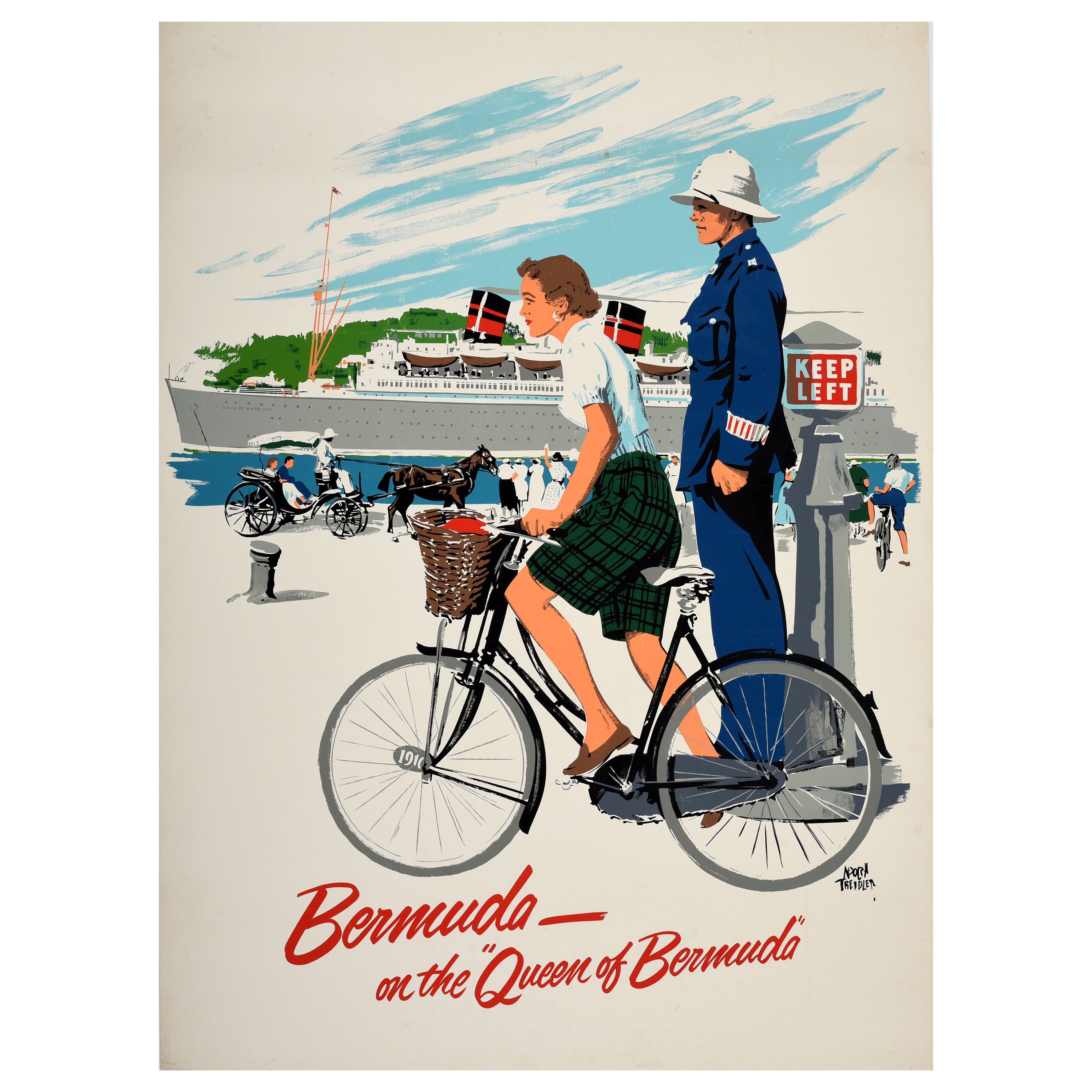 Original Vintage Cruise Travel Poster Queen Of Bermuda Ship Horse Ride Cycling For Sale