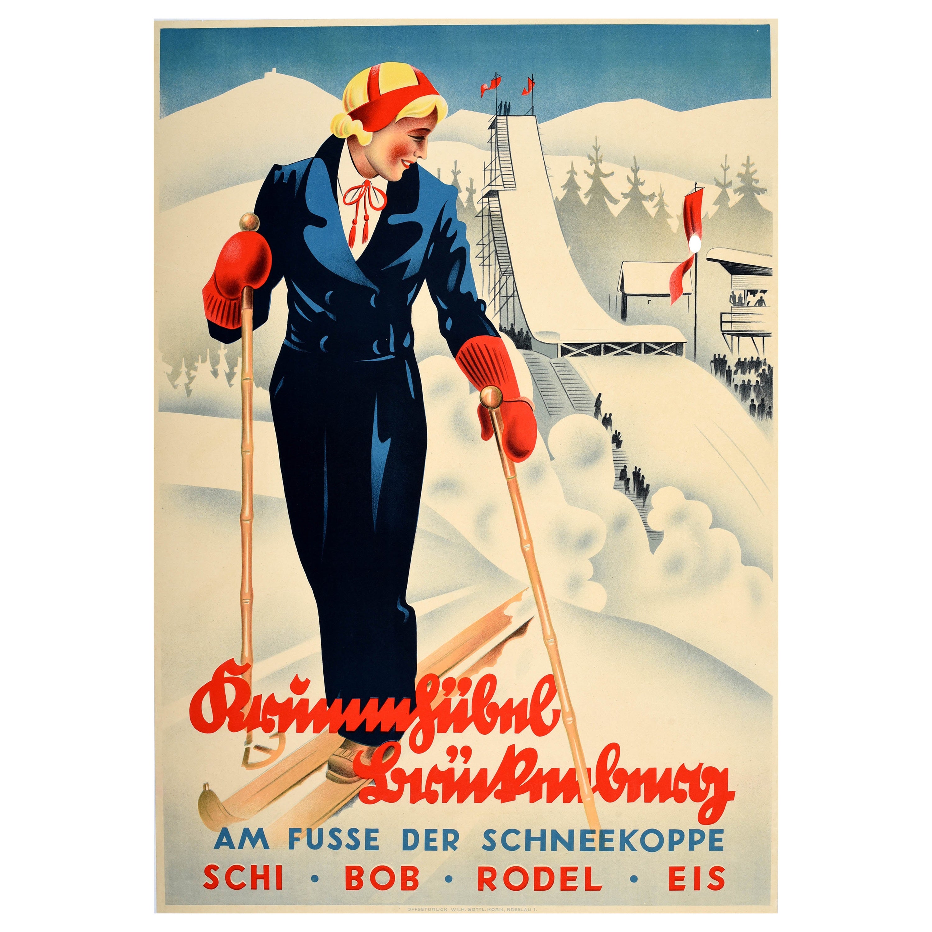 Affiche vintage d'origine Ski Jump Winter Sport Allemagne Krummhubel Karpacz Pologne