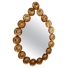 Contemporary Italian Custom Amber Murano Glass Disk Drop Shape Modern Mirror