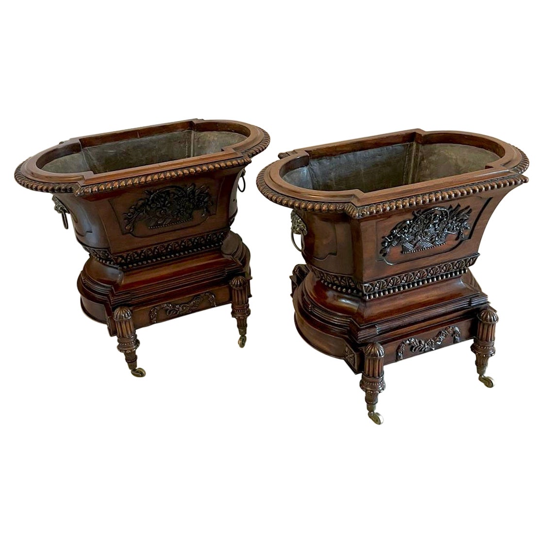 Outstanding Quality Pair of Antique Freestanding Carved Mahogany Wine Coolers For Sale