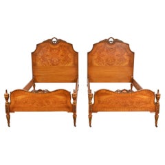 French Regency Louis XVI Carved Satinwood and Burl Wood Twin Beds, Pair