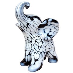 Retro Seguso Murano Black White Italian Art Glass Baby Elephant Figurine Sculpture