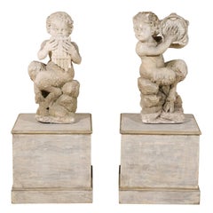 Pair of Italian Early 20th C. Carved Panisci Figures on Custom Wooden Bases