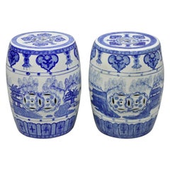 Pair of Blue & White Porcelain Chinese Oriental Drum Garden Seat Pedestal