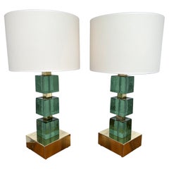 Contemporary Pair of Brass and Green Murano Glass Cube Lamps, Italy