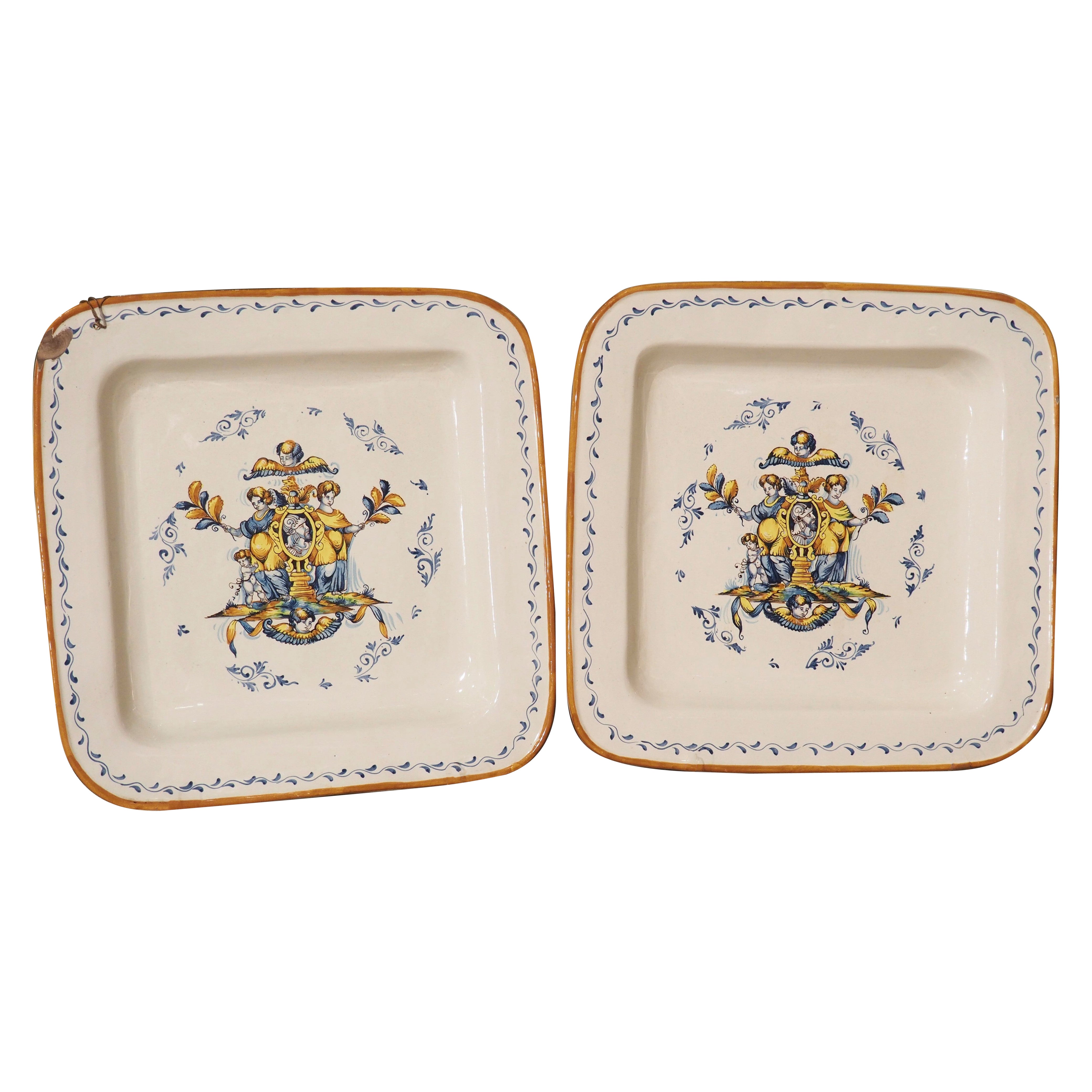 Pair of Large Hand Painted Ceramic Square Platters from Italy For Sale