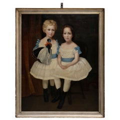 Oil Painting of Two Girls, France, circa 1900