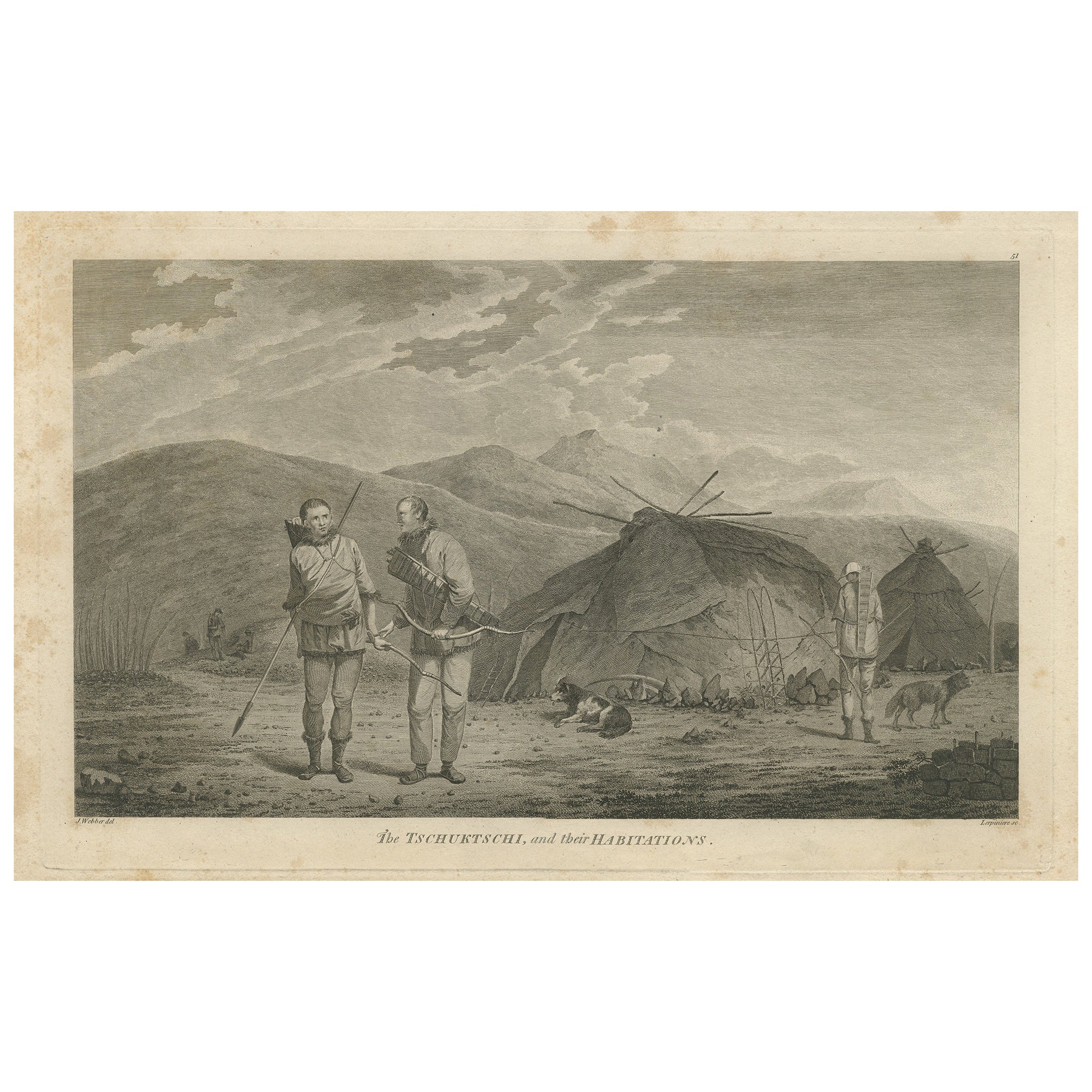 Antique Print of Chukchi Men and Their Habitations in Siberia