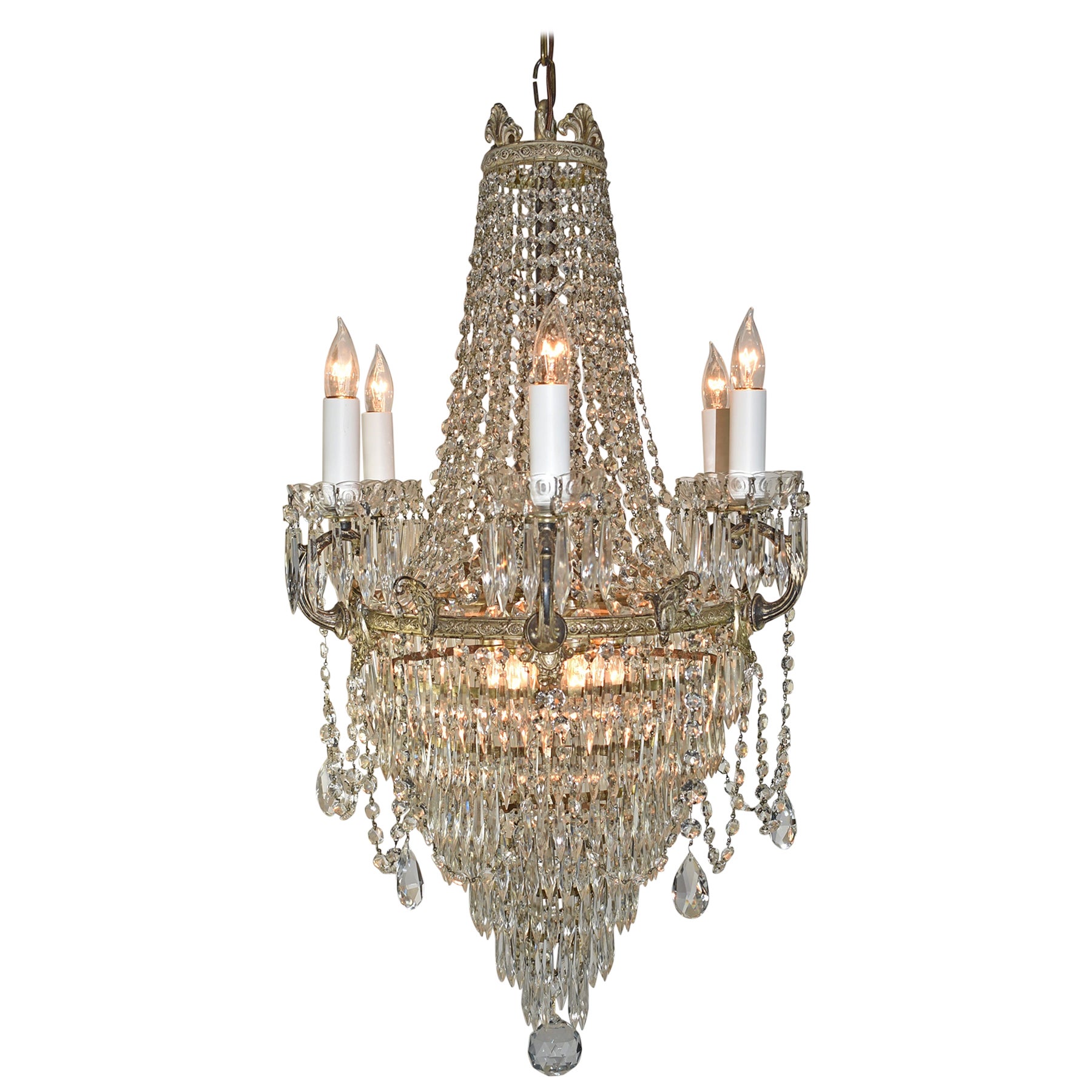 Antique Crystal and Brass Chandelier For Sale