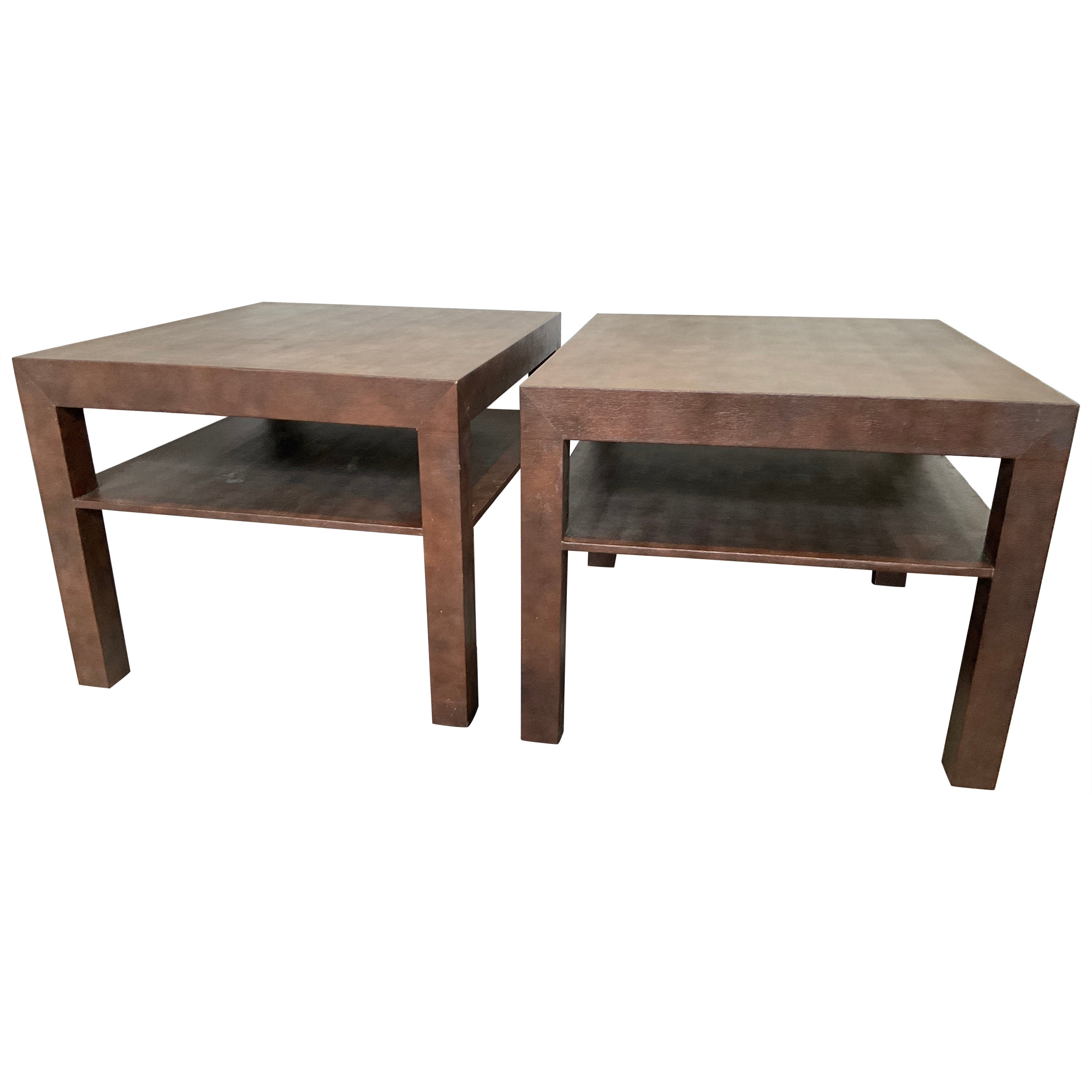 Pair Of 1980s Custom Made Brown  2 Tier Faux Snake Skin Parsons Side Tables