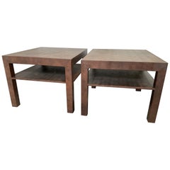 Vintage Pair Of 1980s Custom Made Brown  2 Tier Faux Snake Skin Parsons Side Tables