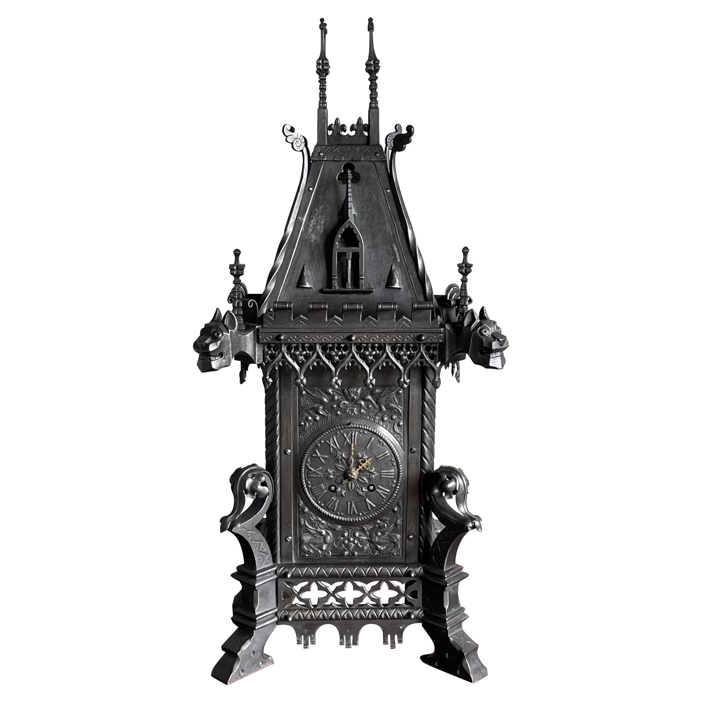 Antique Gothic Revival Forged Wrought & Cast Iron Table Clock by Samuel Marti