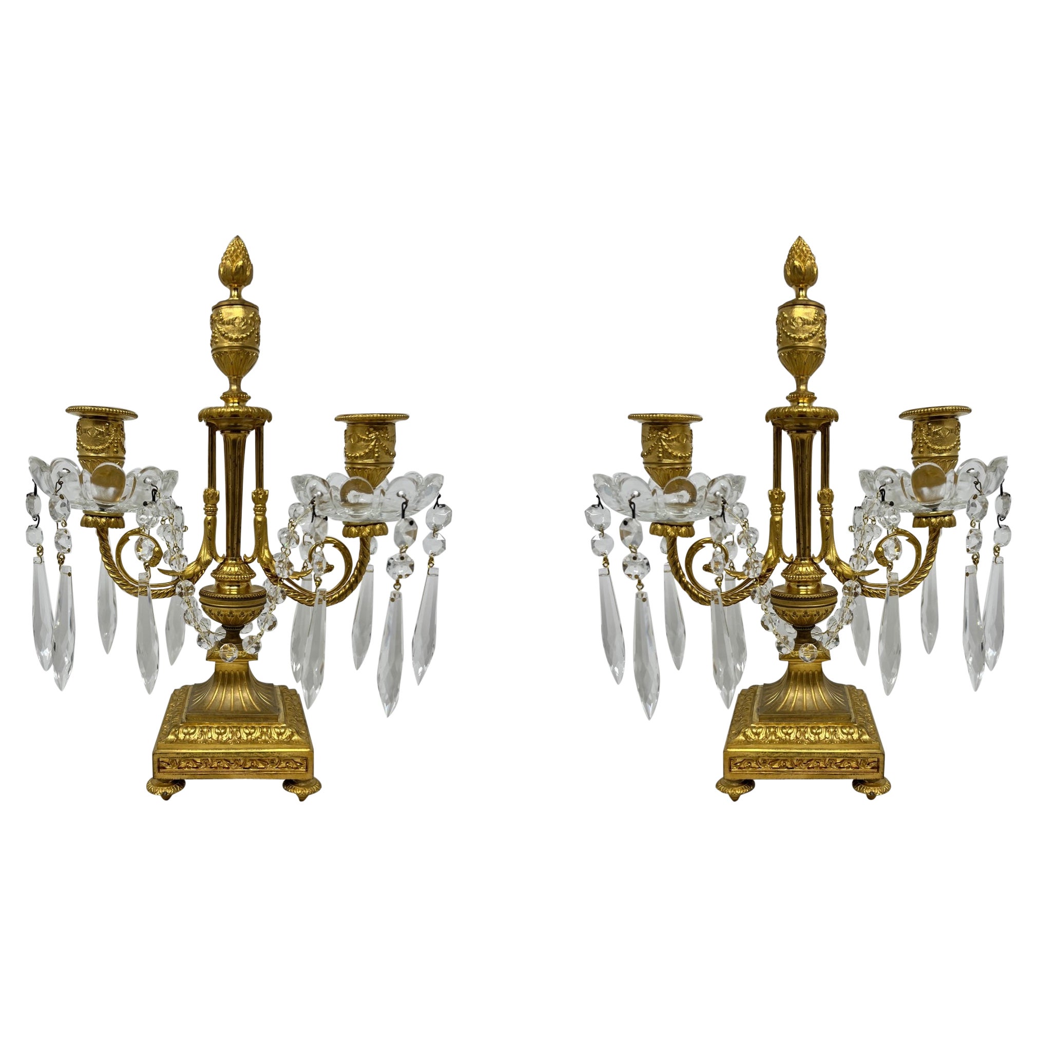 Pair Antique French Crystal and Gold Bronze Candelabra, Circa 1890's For Sale at 1stDibs