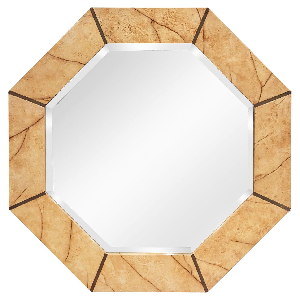 Miroir octogonal Karl Springer avec superbe laque de marbre artisanale des années 1980