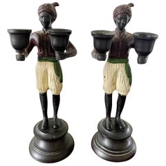 Vintage Figurative Cast Bronze Candle Holders, Pair