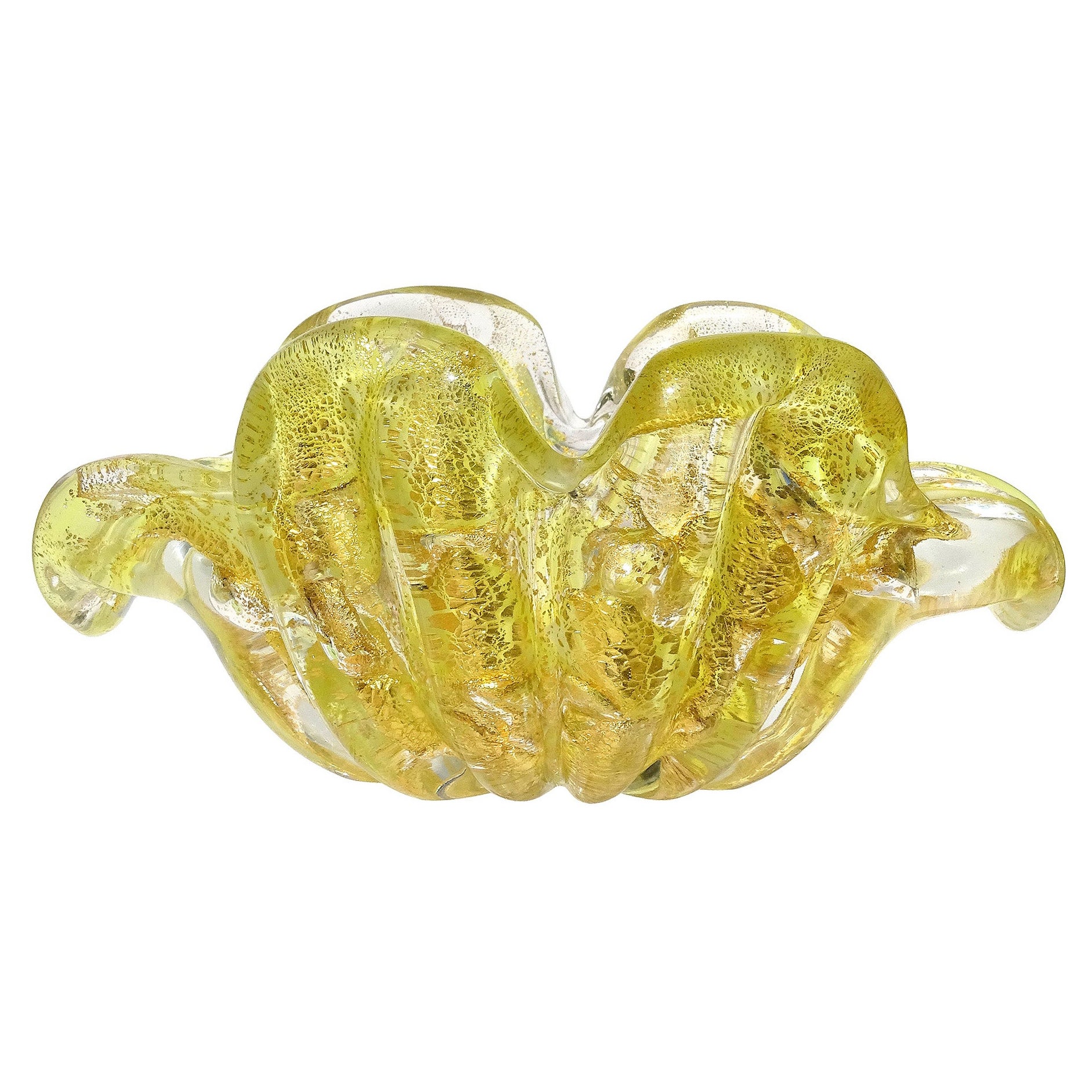 Barovier Toso Murano Yellow Spots Gold Flecks Italian Art Glass Flower Form Bowl For Sale