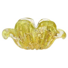 Barovier Toso Murano Yellow Spots Gold Flecks Italian Art Glass Flower Form Bowl