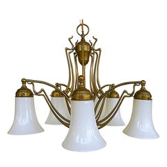 1920s Bronze Art Nouveau German 5-Arm Chandelier, Milk Glass Shades