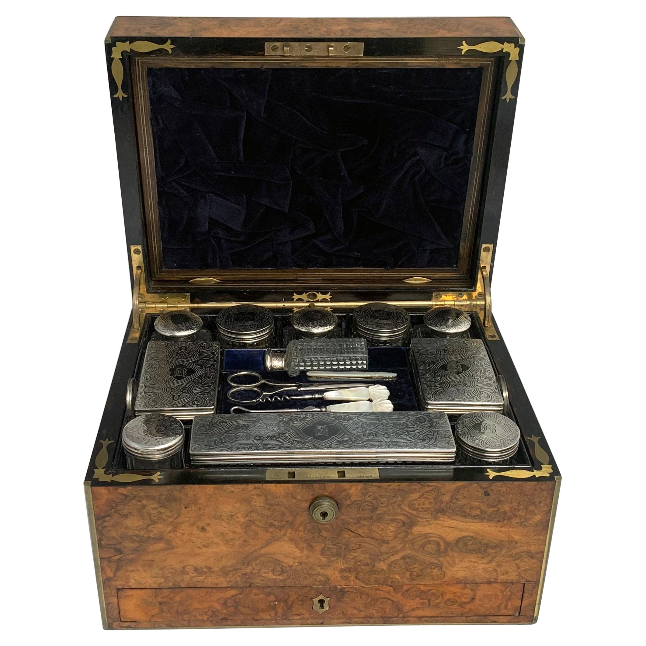 Victorian Vanity Set in the Original Burl Wood Box For Sale