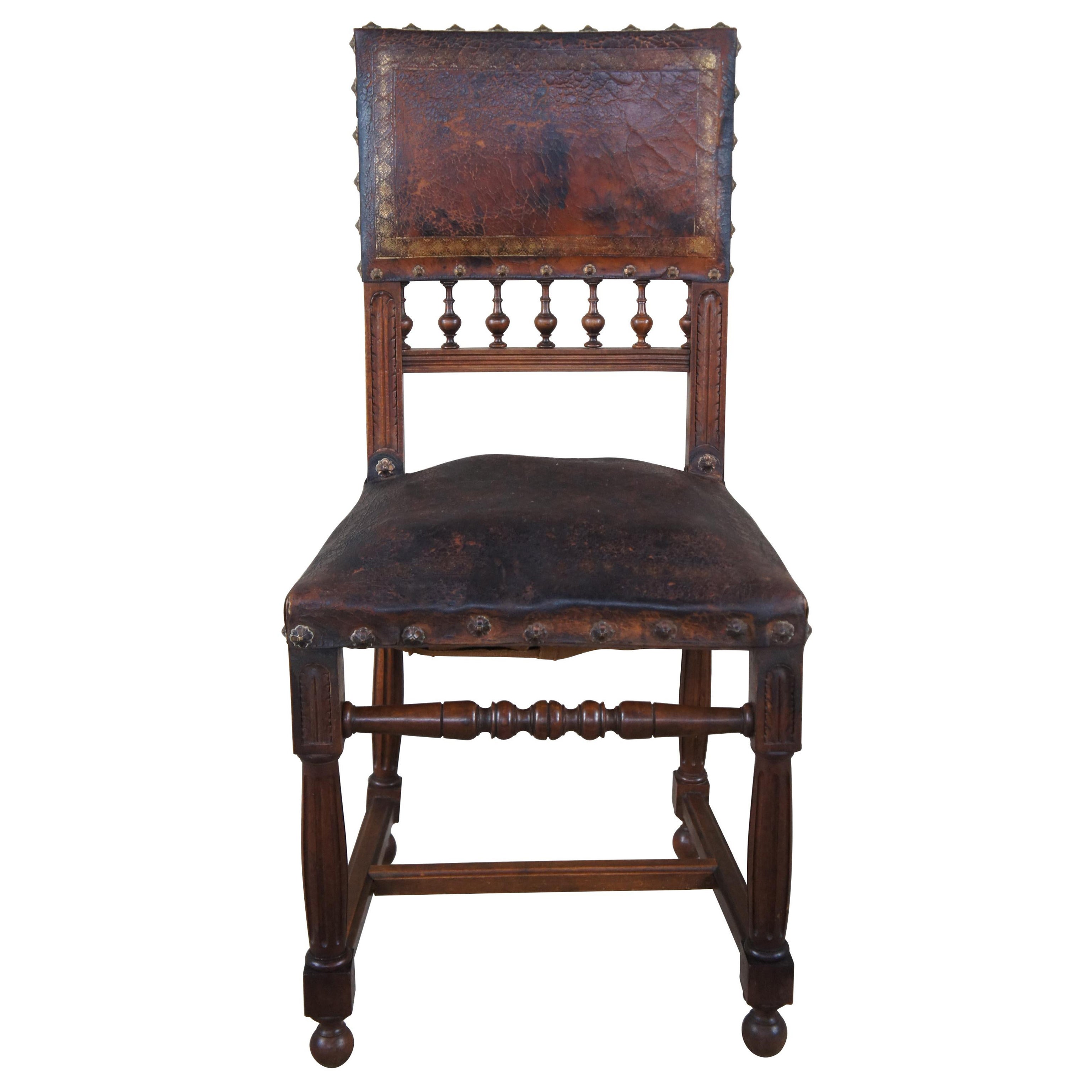 Antique 19th Century Henry II Renaissance Revival Mahogany & Leather Side Chair For Sale