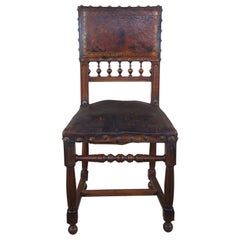 Antique 19th Century Henry II Renaissance Revival Mahogany & Leather Side Chair