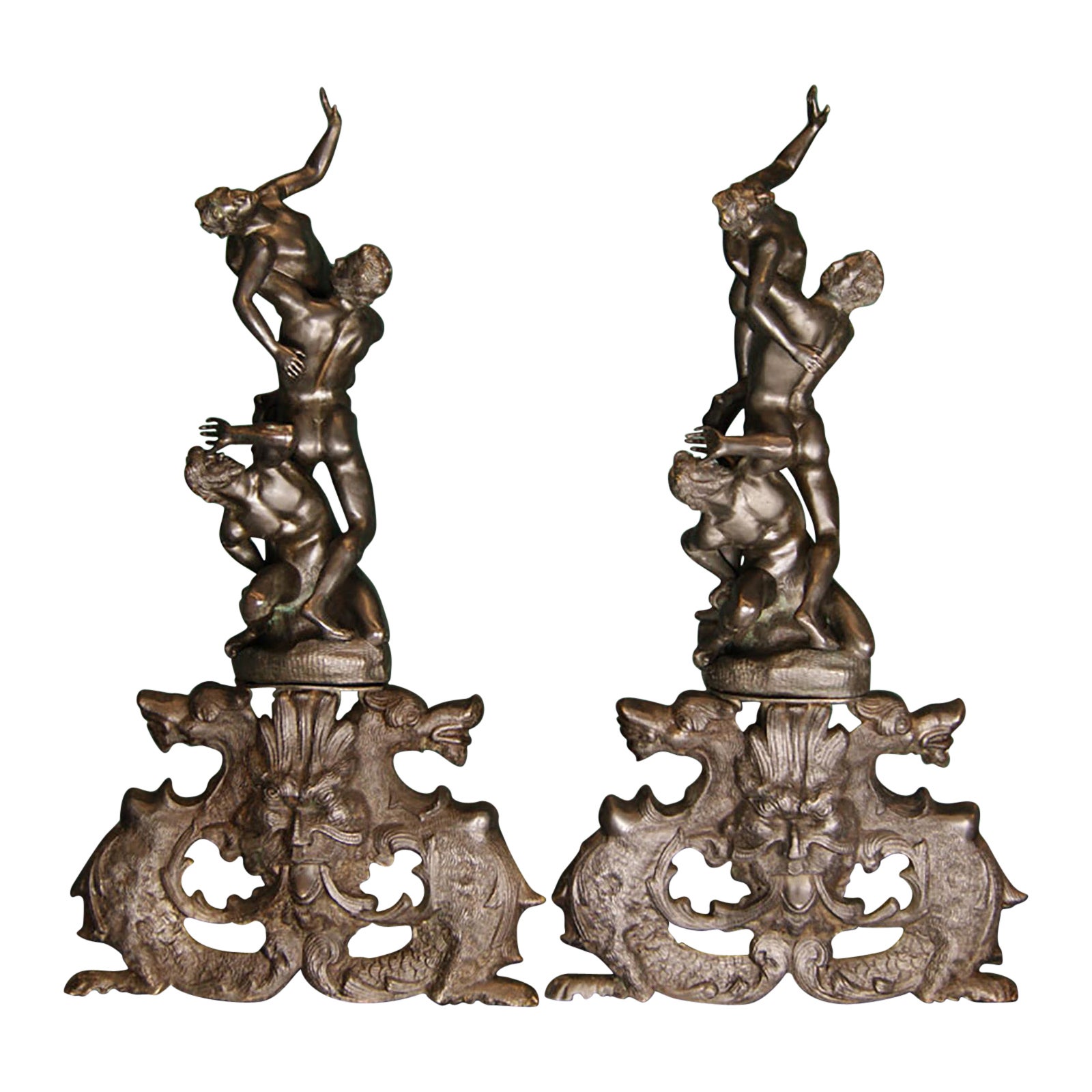 Andirons de cheminée sculpturaux en bronze du 19e siècle en vente