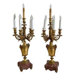 French Bronze and Marble Urn Candelabra Table Lamps, a Pair