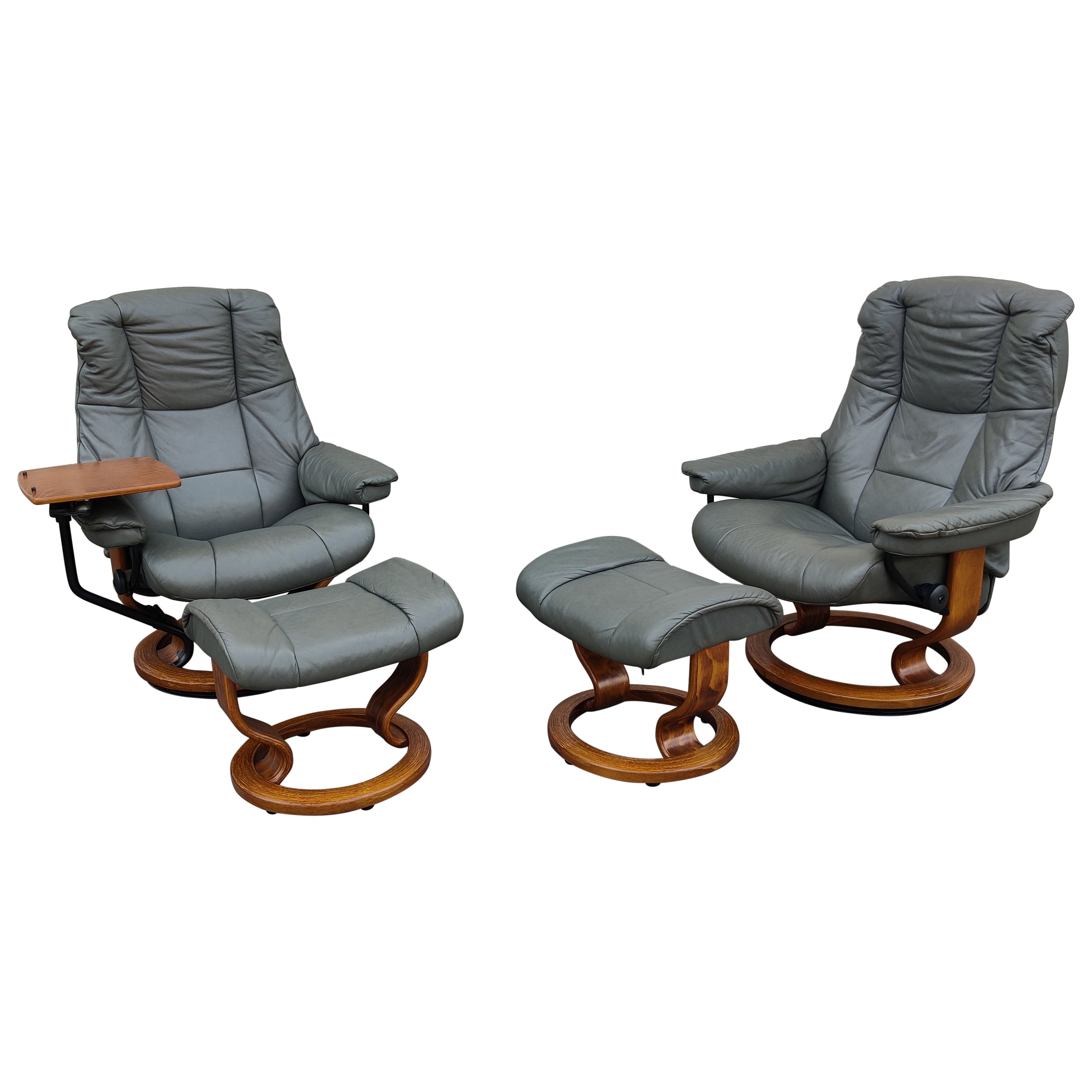 Pair Ekornes Stressless Adjustable Slate Leather Recliners Tray Table + Ottomans For Sale