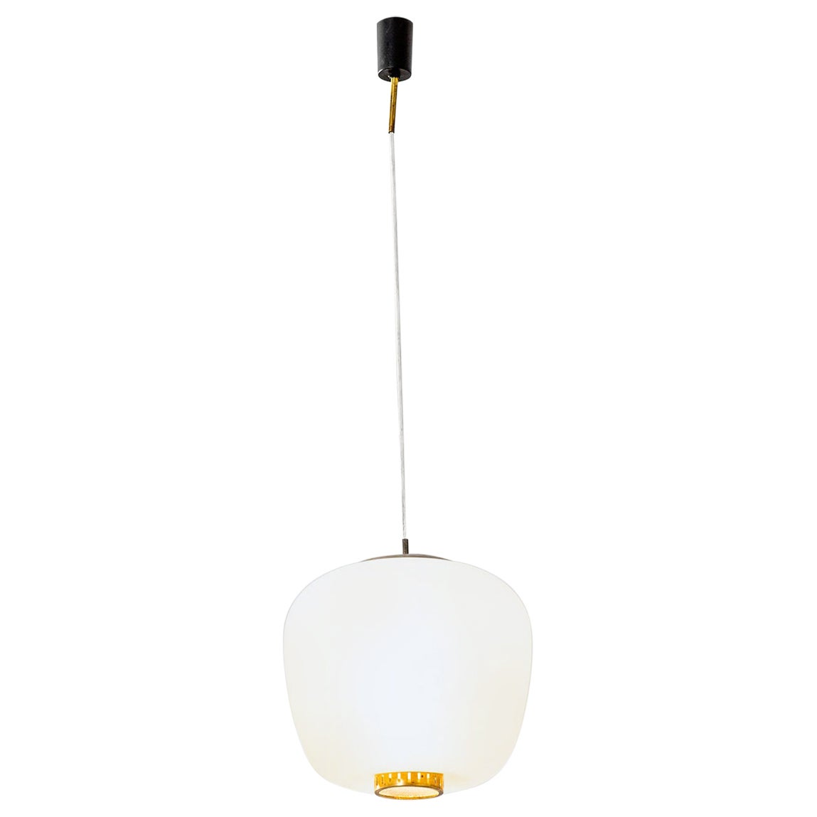 20th Century Stilnovo Pendant Lamp in White Opaline Glass and Brass Details, 50s For Sale