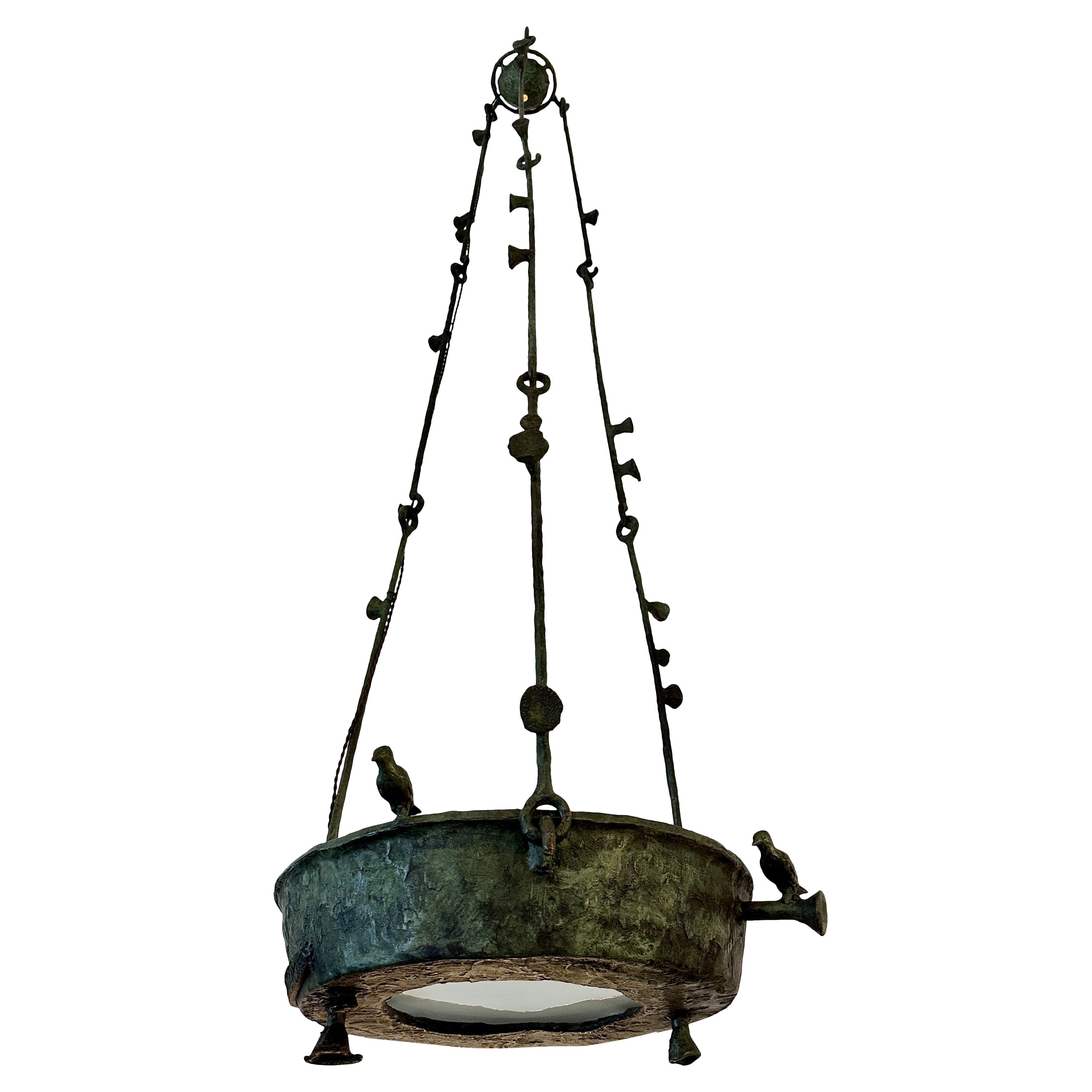 Rare Large Verdigris Bronze Birdbath Hanging Chandelier SIGNED For Sale