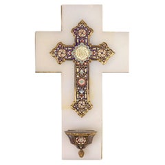 19th Century French Champlevé Enamel Cross & Holy Water Font Wall Panel