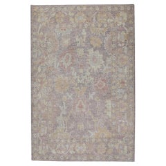 Pastel Purple Floral Design Handwoven Wool Turkish Oushak Rug 4'2" x 6'1"