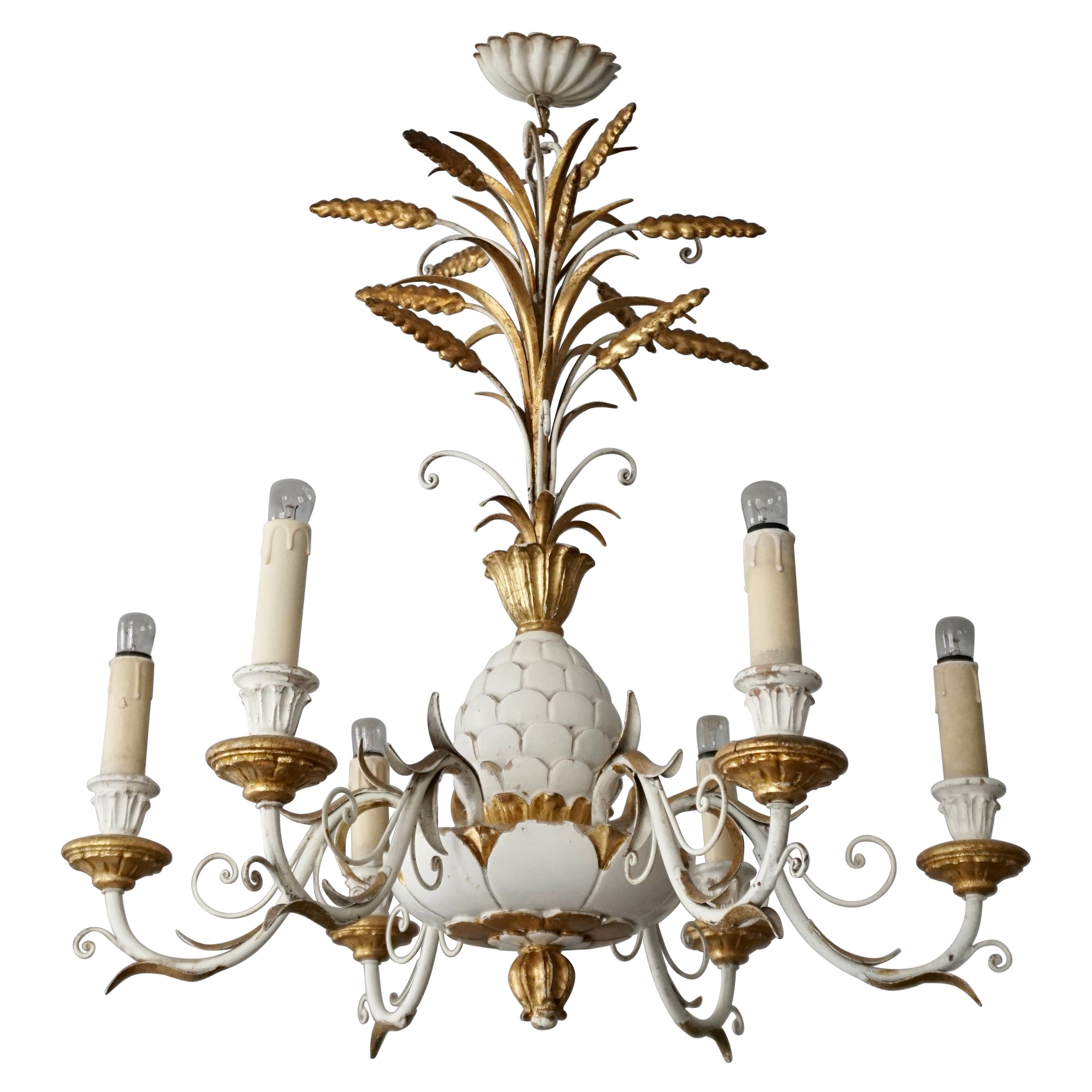 Italian Tole and Brass Pineapple and Palm Leaf Chandelier For Sale