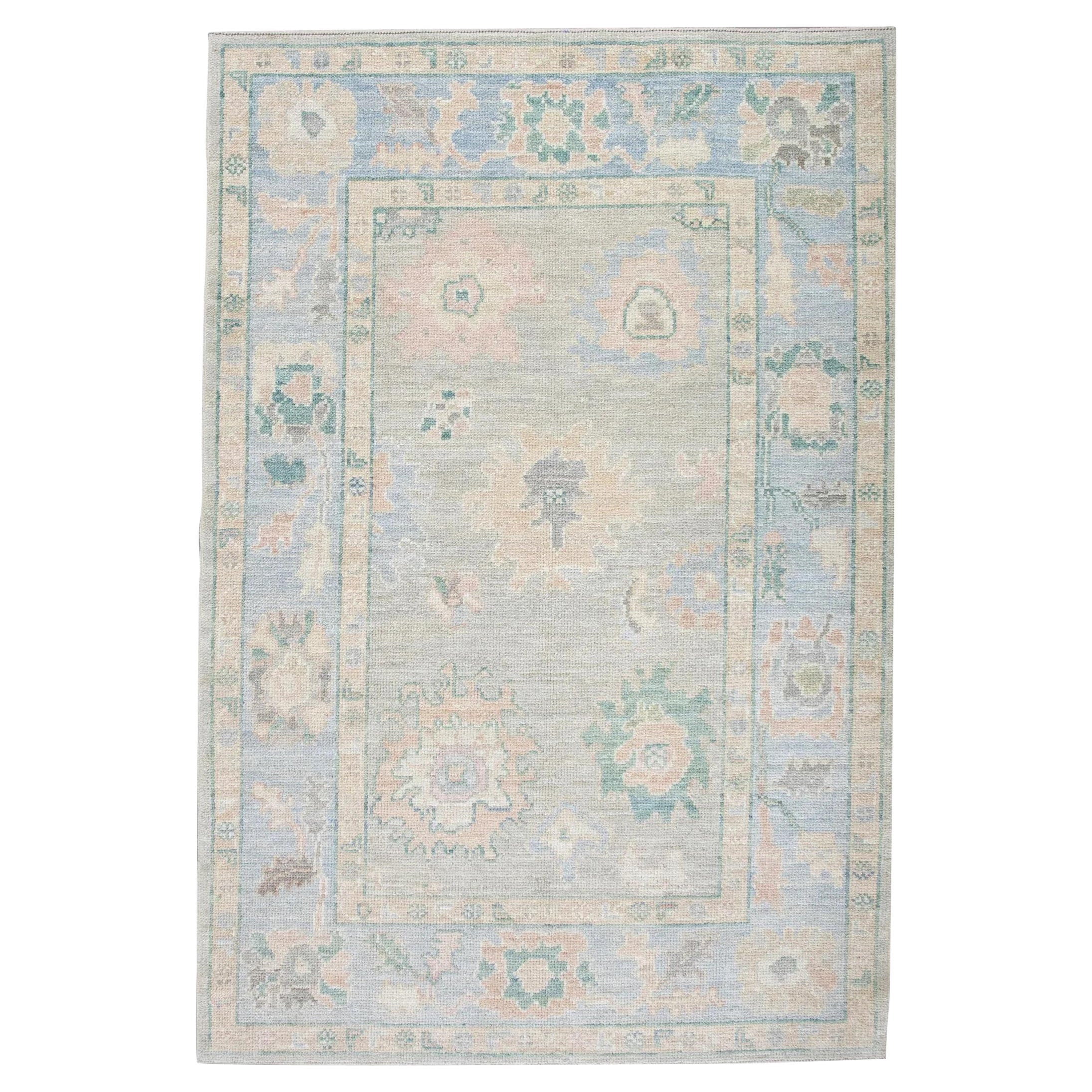 Multicolor Floral Pattern Handwoven Wool Turkish Oushak Rug 4'1" x 6'1"