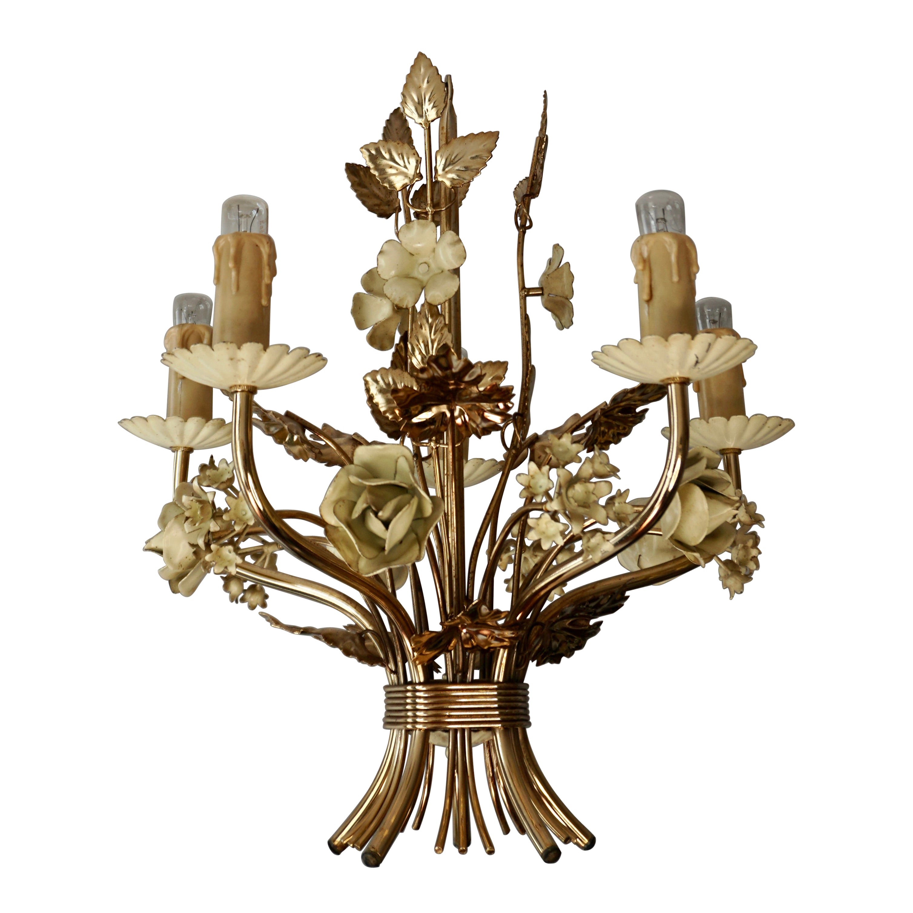 Two Lovely Gilt Brass Flower Leaves Chandelier, Italy, circa 1950s For Sale