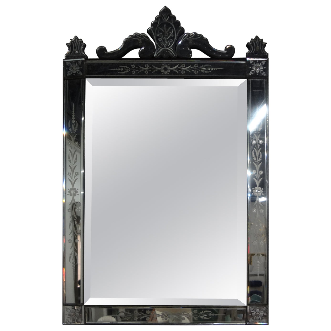 Vintage Beveled Wall Mirror with Reverse Etched Floral Detail