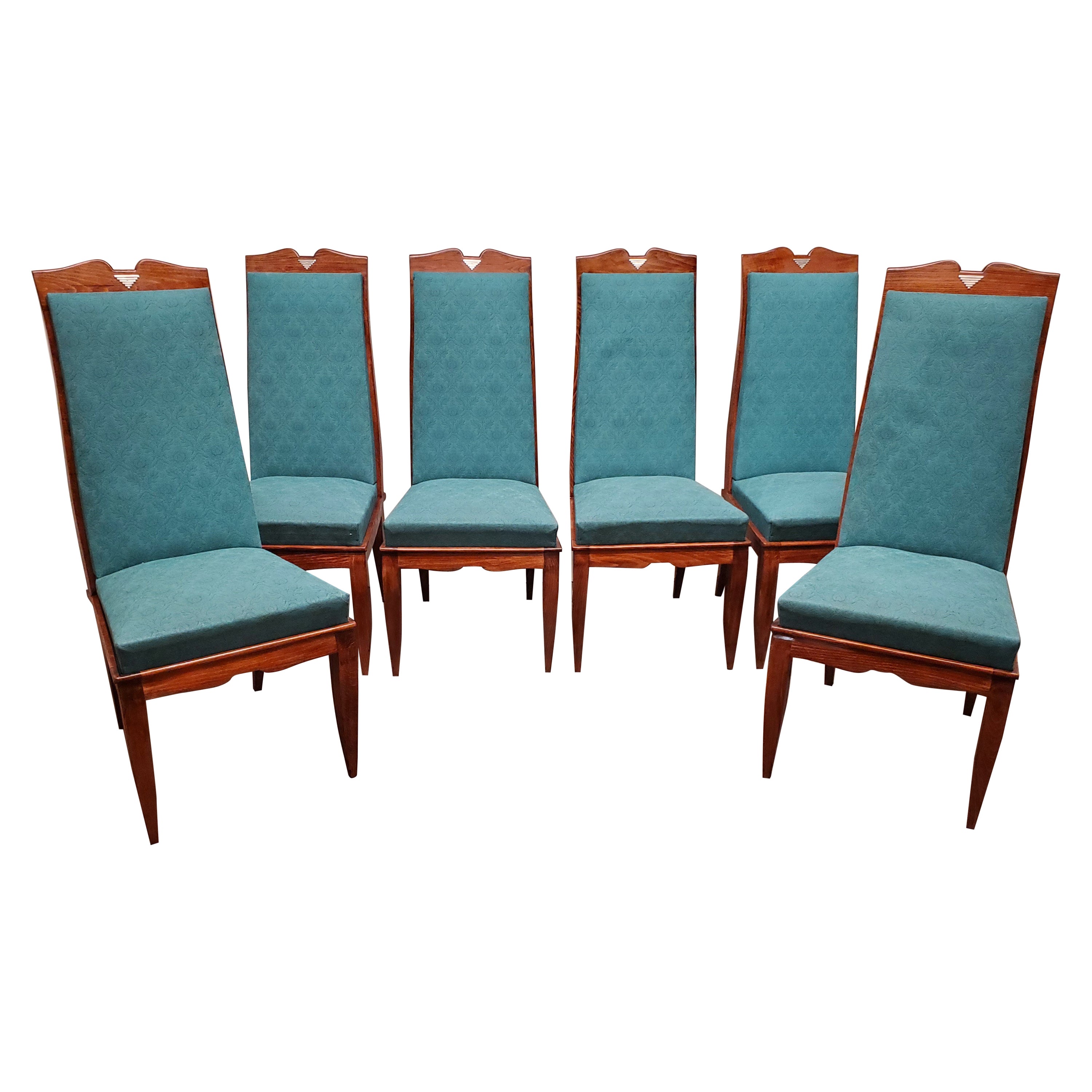 Set of Six Original French Midcentury Tall Back Dining Chairs W/ Nickel Mounts  For Sale