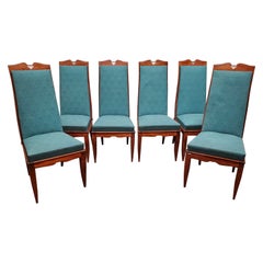 Set of Six Original French Midcentury Tall Back Dining Chairs W/ Nickel Mounts 