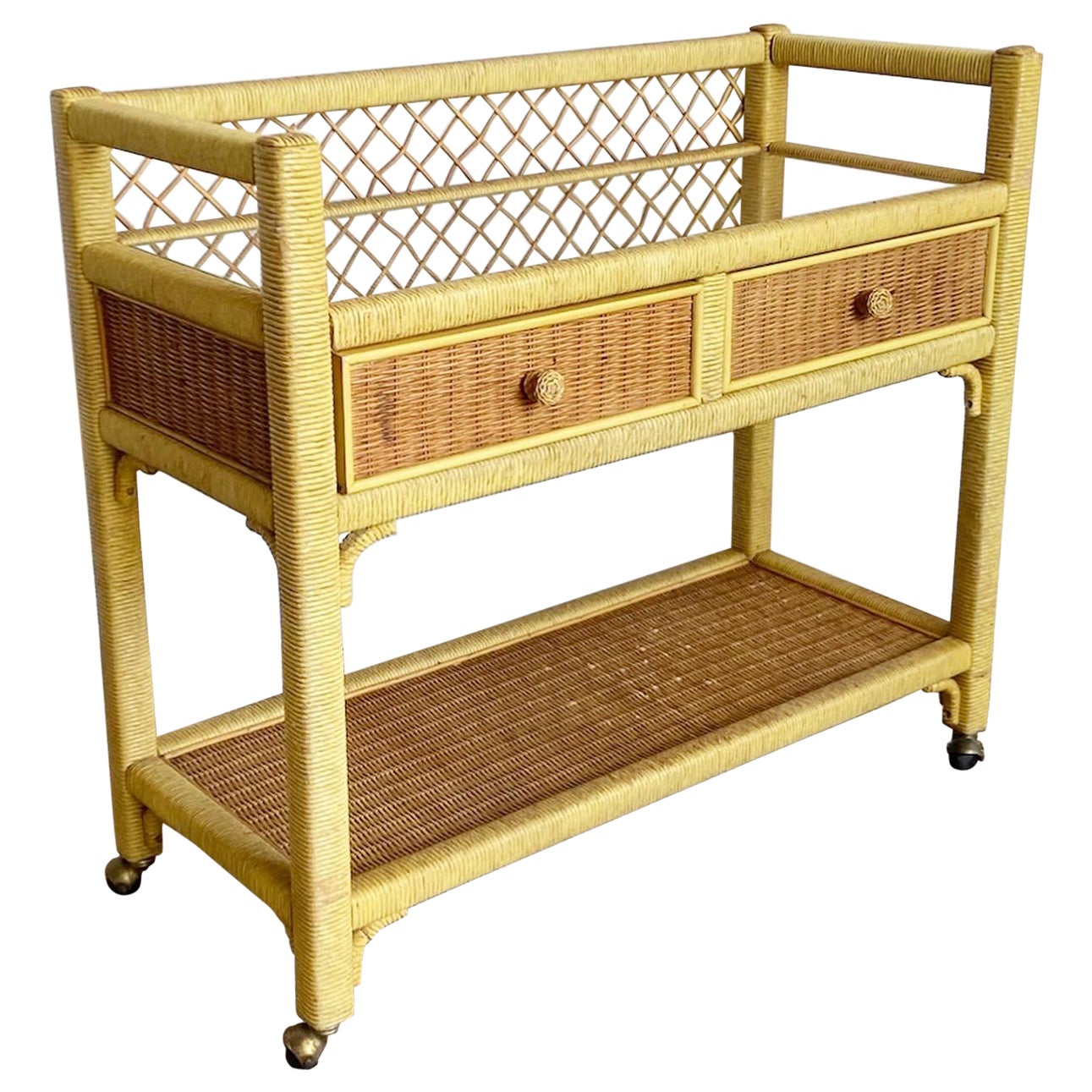 Boho Chic Henry Link Wicker Rattan Bar Cart on Casters For Sale