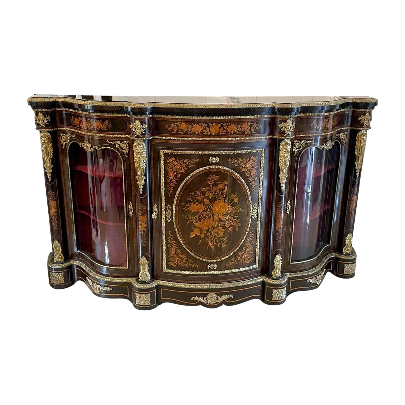 Outstanding Antique Victorian Floral Marquetry Ormolu Mounted Credenza/Sideboard For Sale